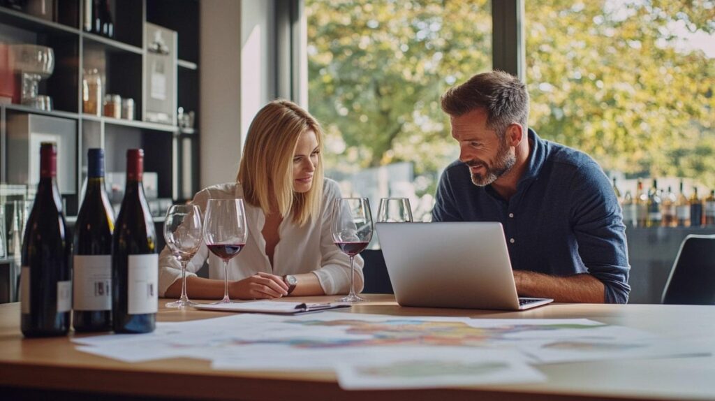IA para bodegas: reunión de trabajo con portátil y copas de vino